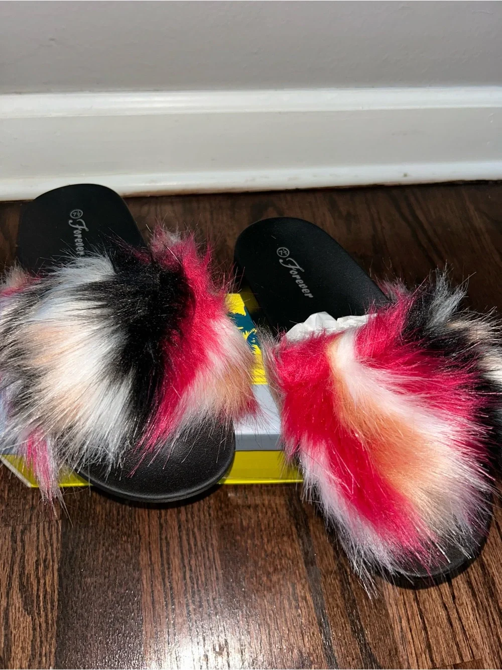 Forever 21 Kids Multicolor Faux Fur Slide Sandals - Pink, Black, Cream